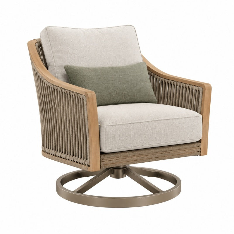 Fotel obrotowy 82 x 85 x 88 cm z drewna i plecionego sznurka beżowy - styl ogrodowy
