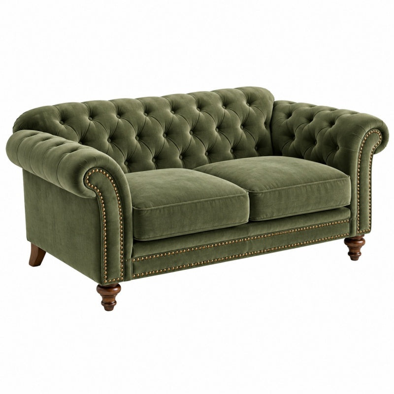 Sofa dwuosobowa 180 x 95 x 78 cm z weluru oliwkowozielona do salonu w stylu chesterfield