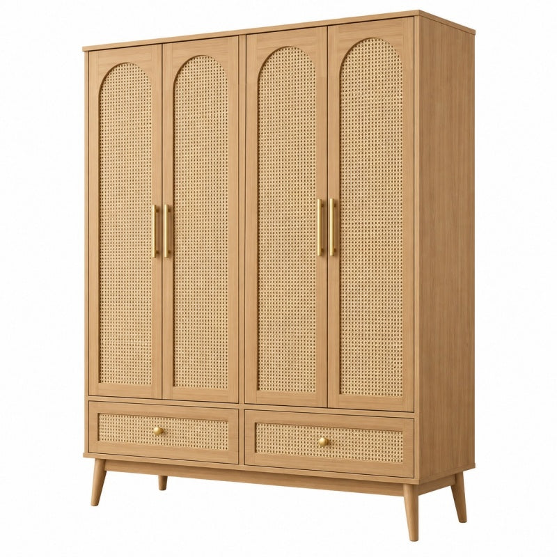 Szafa 120 x 50 x 190 cm z drewna w kolorze naturalnym z plecionką rattanową w stylu boho