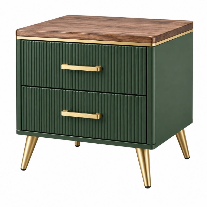 Stolik nocny 50 x 40 x 60 cm zielony z drewnianym blatem i 2 szufladami