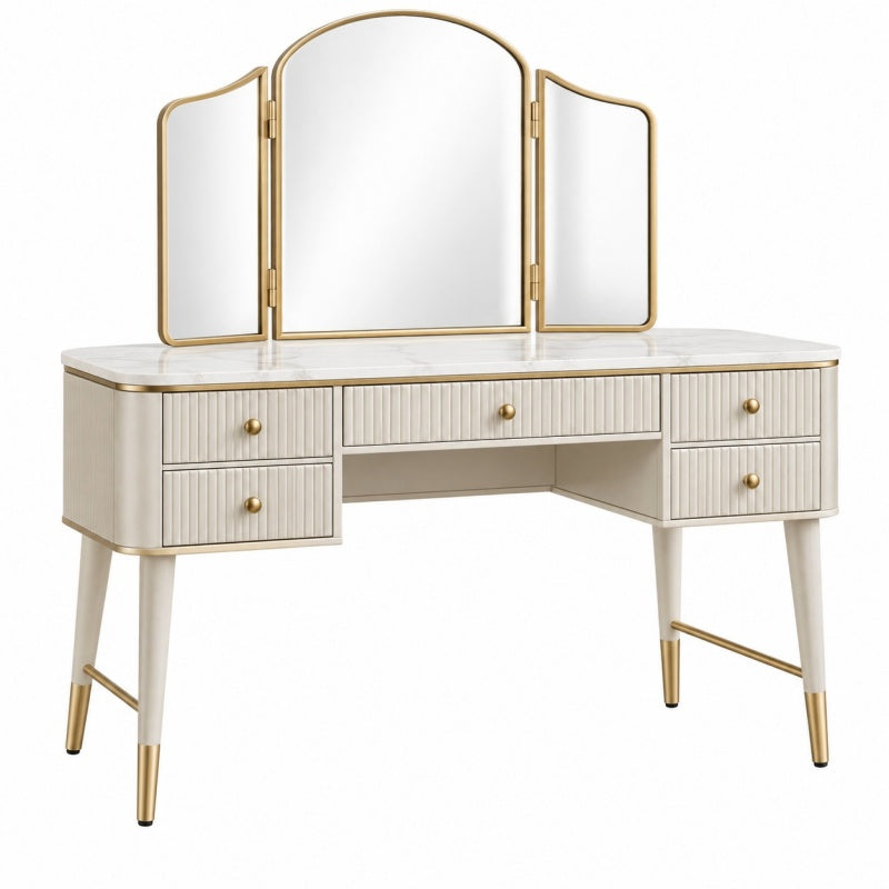 Toaletka 120 x 45 x 145 cm z lustrem z płyty drewnopochodnej kremowo-złota z 5 szufladami