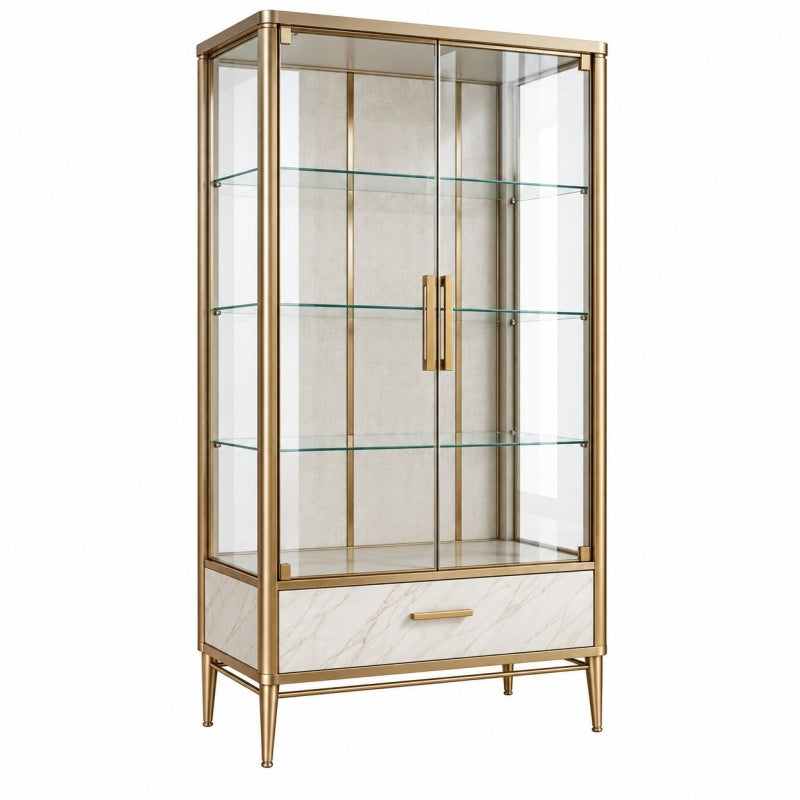 Witryna szklana 90 x 40 x 180 cm złota metalowa z szufladą w stylu glamour
